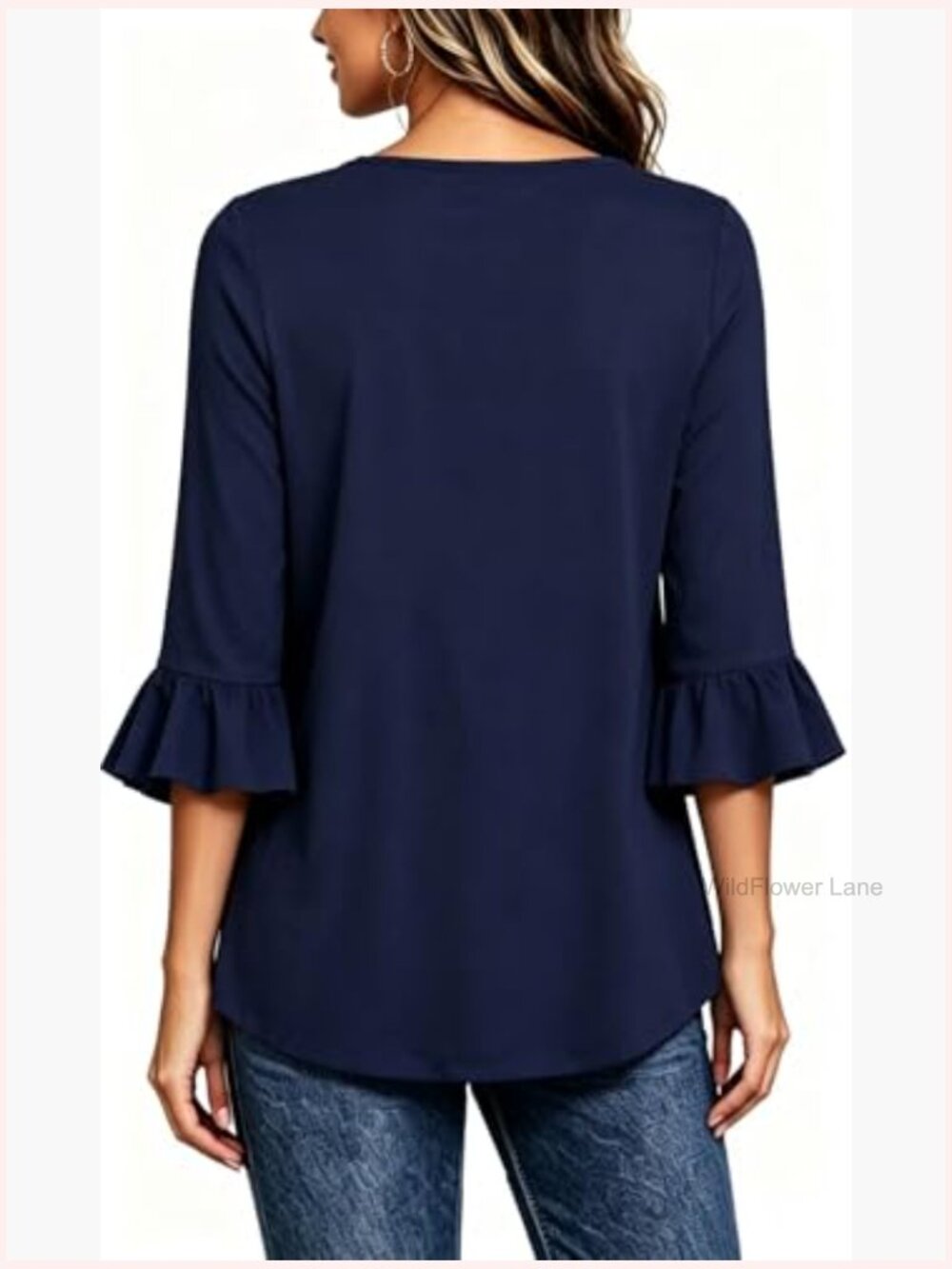 Patriotic Flowy Tunic Blouse 3/4 Bell Sleeve Ruffle Sleeve Casual Top - Picture 4 of 7